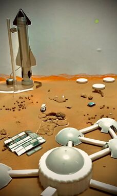 Mars simulation model habitat with rocket in background